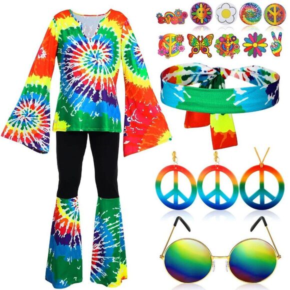 Other - Groovy Hippie Halloween Costume Size Small Earring Necklace Glasses Tie Dye Set